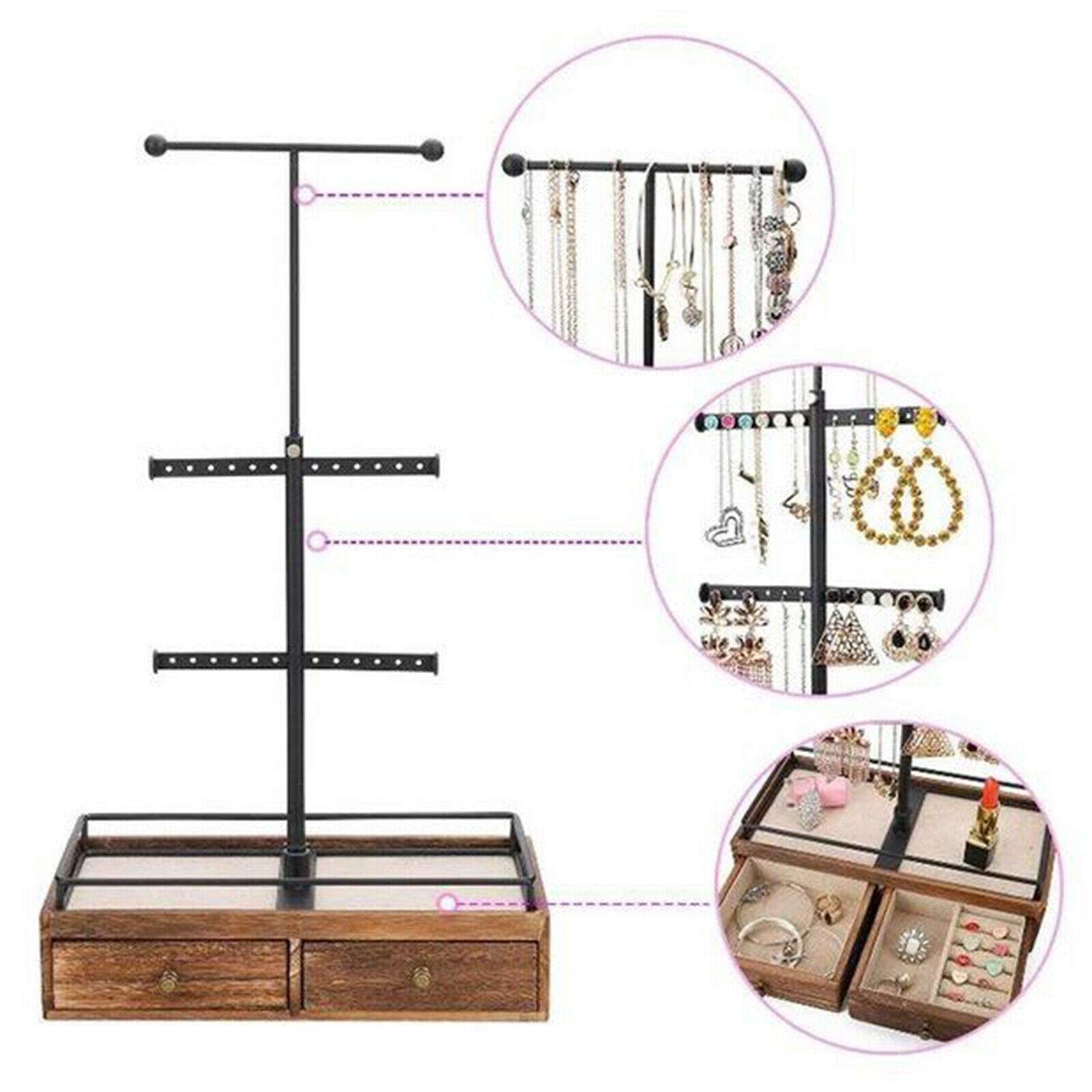 Metal & Wood 3 Tier Jewelry Stand  with Wooden Drawer Storage Box