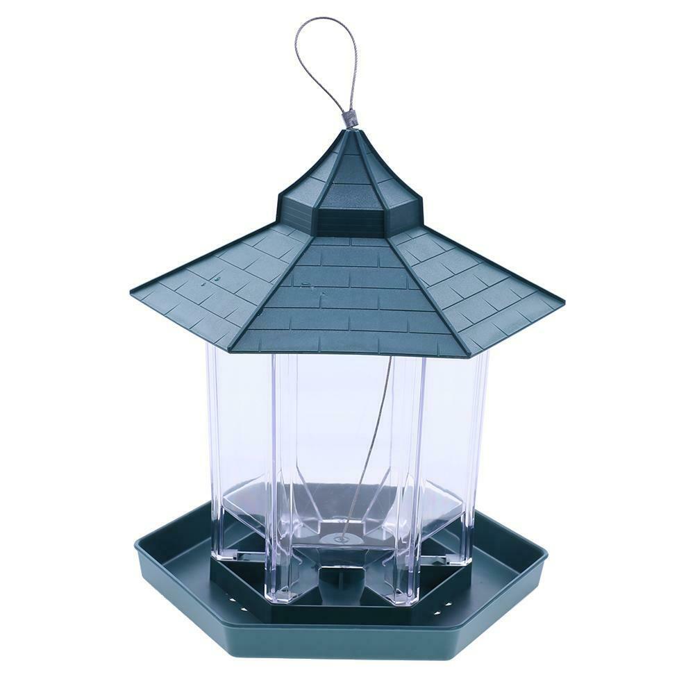 Green Pavilion Bird Feeder Plastic Hanging Bird Food Container Garden Decor @