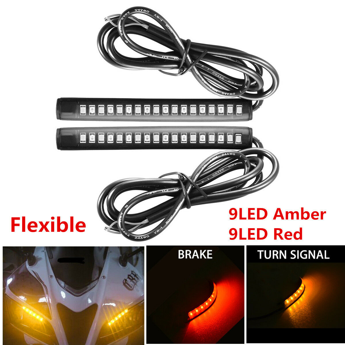 2Pcs Flexible 18LED Motorcycle Tail Brake Stop Turn Signal Strip Light Taillight