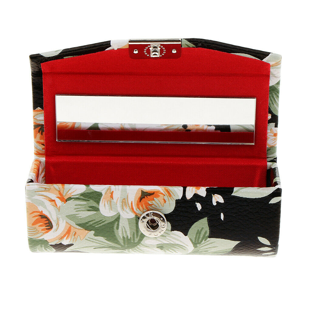 Leather Jewelry Makeup Lipstick Holder Case with Mirror Black