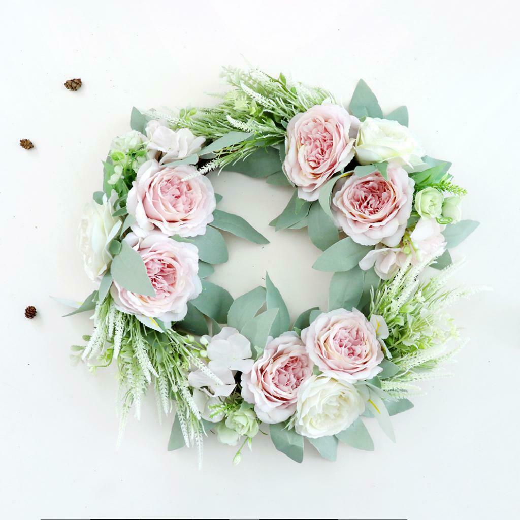 Artificial Flower Front Door Wall Wreath Garland Rose Wreath 45cm Pink