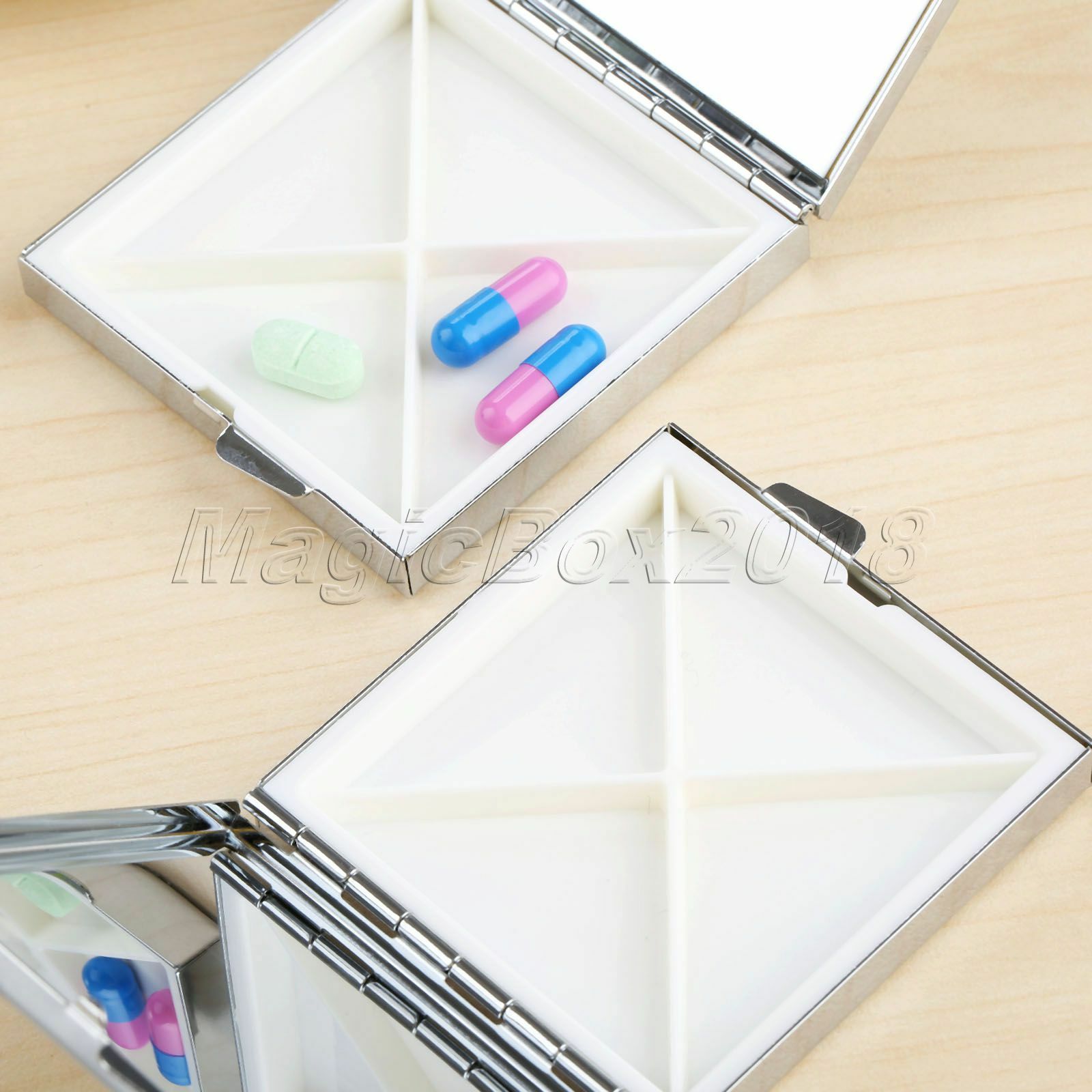 Rectangle Metal Pill Box Container Medicine Vitamin Capsule Organizer Case 4Grid