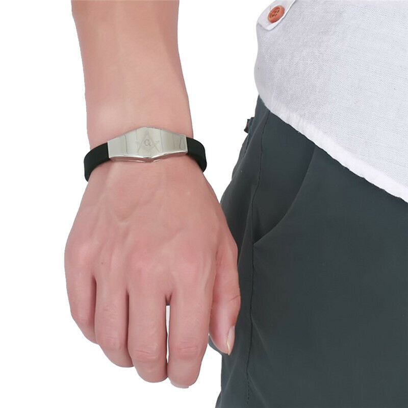Stainless Steel Black Silicone Masonic Charm Bangle Bracelet Wristband For.l8