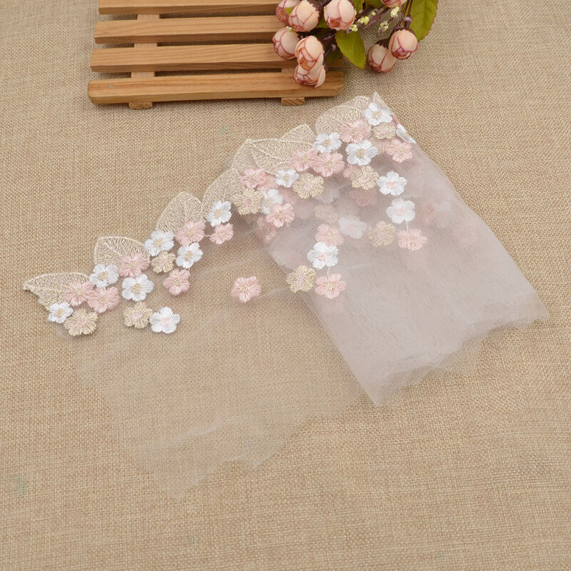 1 Yard Transparent Tulle Lace Trim White Pink Flower Embroidery Wedding Fabric
