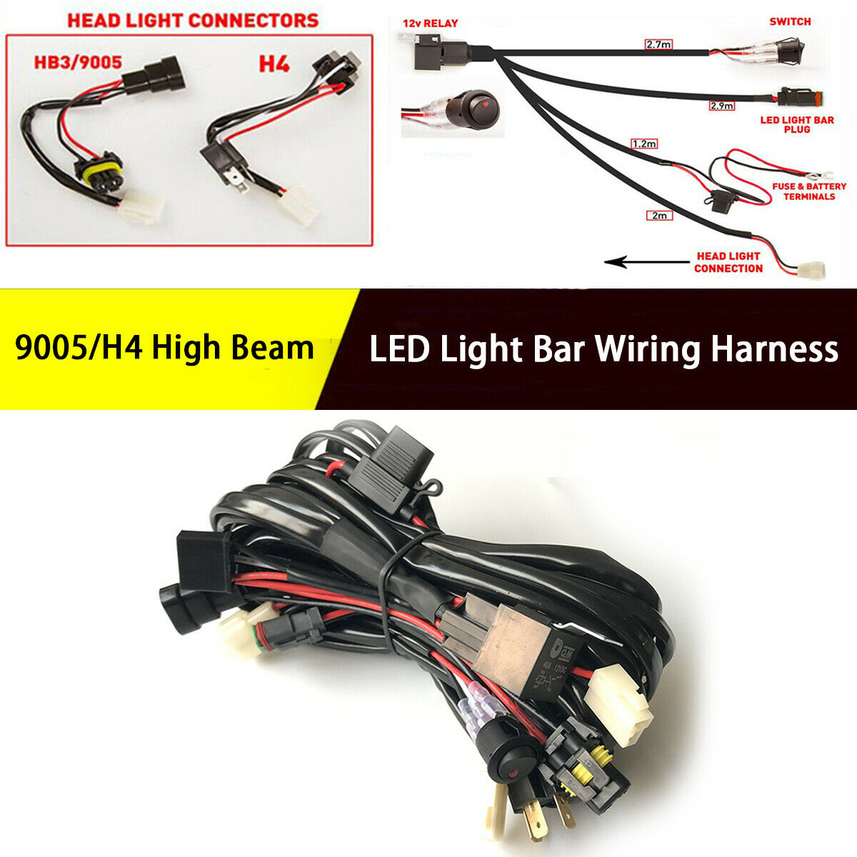 Wiring Harness LED Light Bar  9005/H4 High Beam Driving Light Quickly Turn 12V