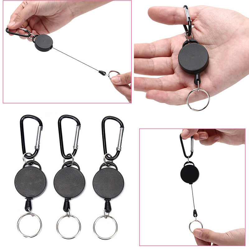 Black Retractable Key Chain Reel Steel Cord Recoil Belt Key Ring Badge Holder Lt
