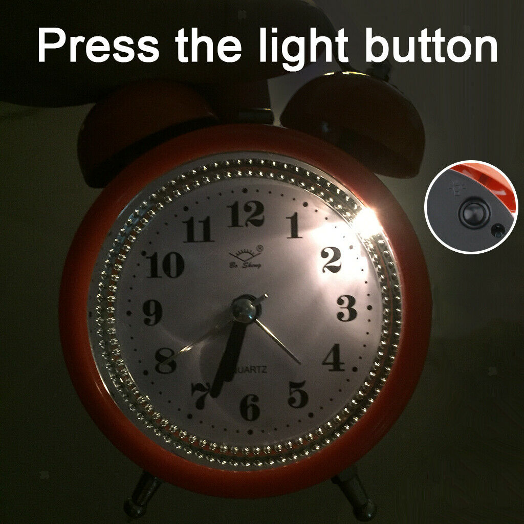 Retro metal double bell alarm clock bedside clock with orange night light