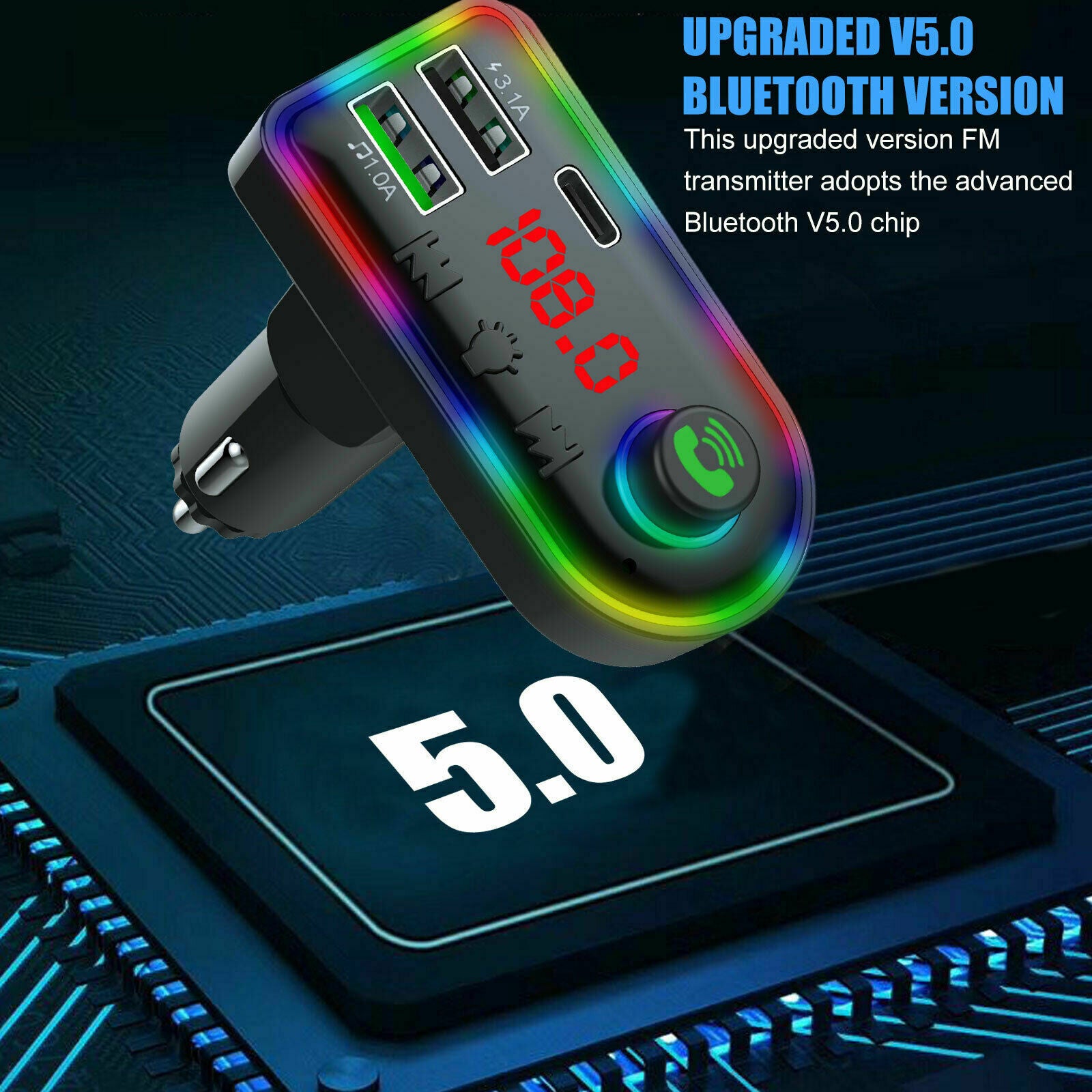 Auto Bluetooth FM Transmitter Wireless Audio Adapter Car Type-C Dual USB Charger
