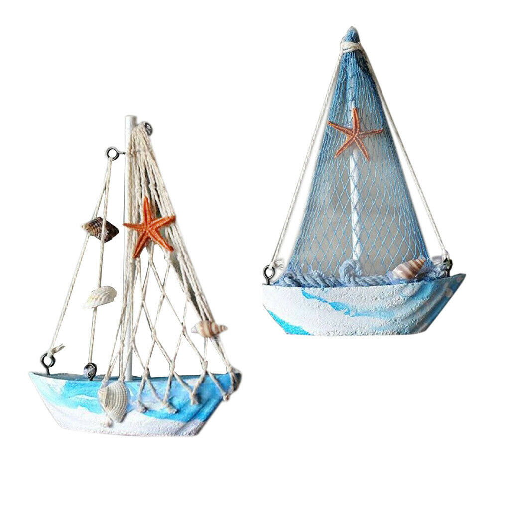 2pcs   Wooden Sailing Ship Starfish Fishing Net Ornament
