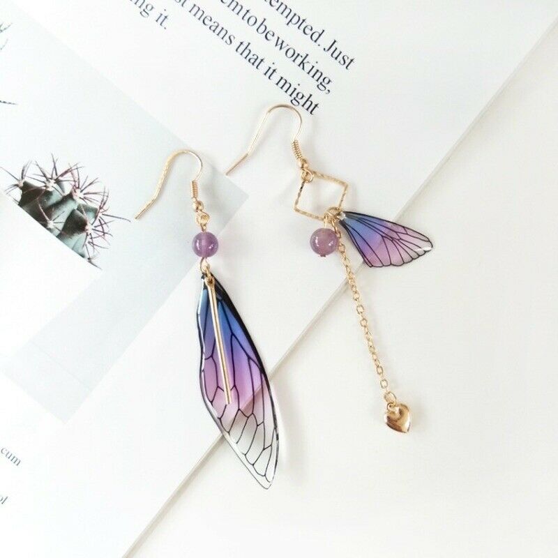 Butterfly Wings Drop Dreamy Blue Gradient Color Asymmetric Long Earrings Jewelry