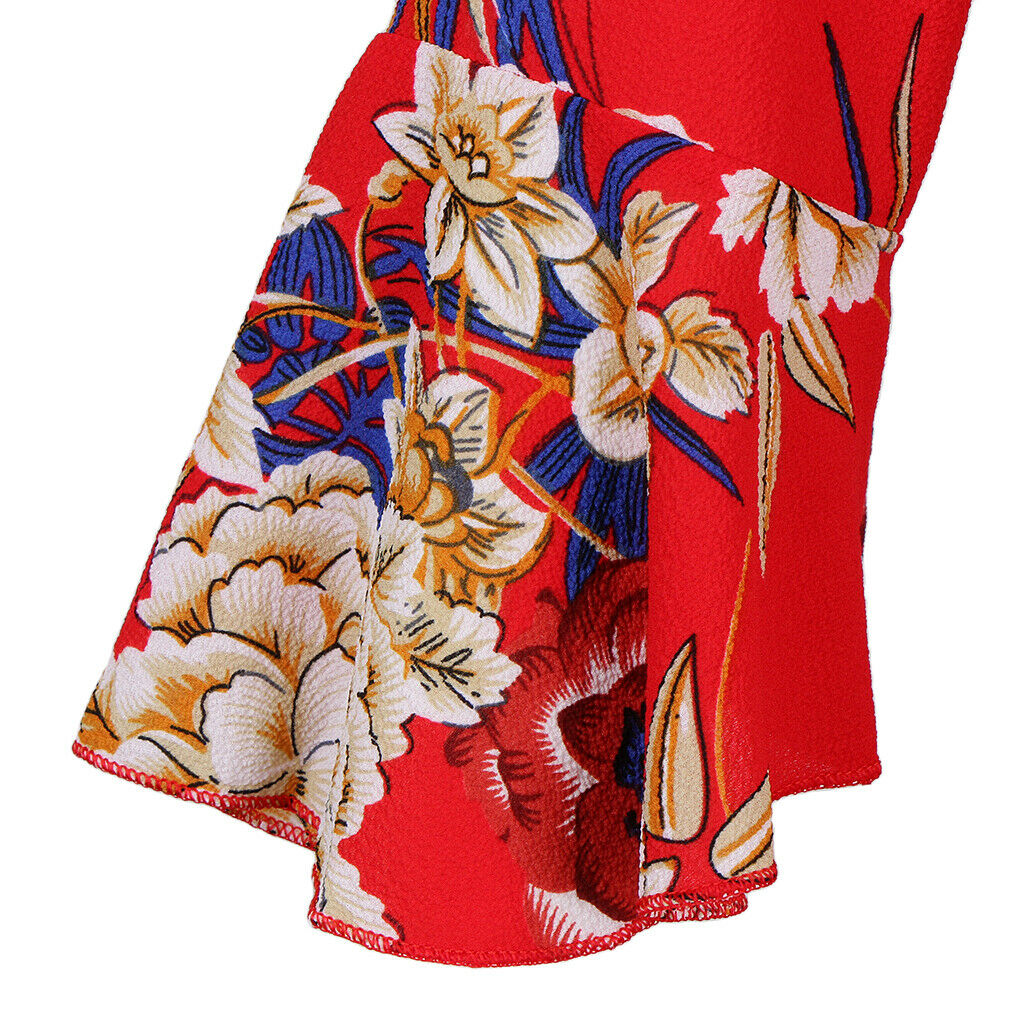 Women's Summer Beach Floral V Neck High Split Wrap Long Maxi Dress Red XL