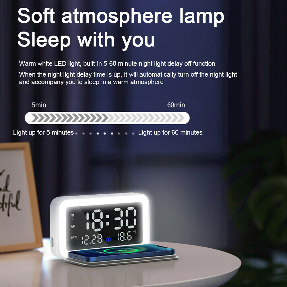 Digital LED Electric Alarm Clock With Phone Wireless Charger Thermometer Table