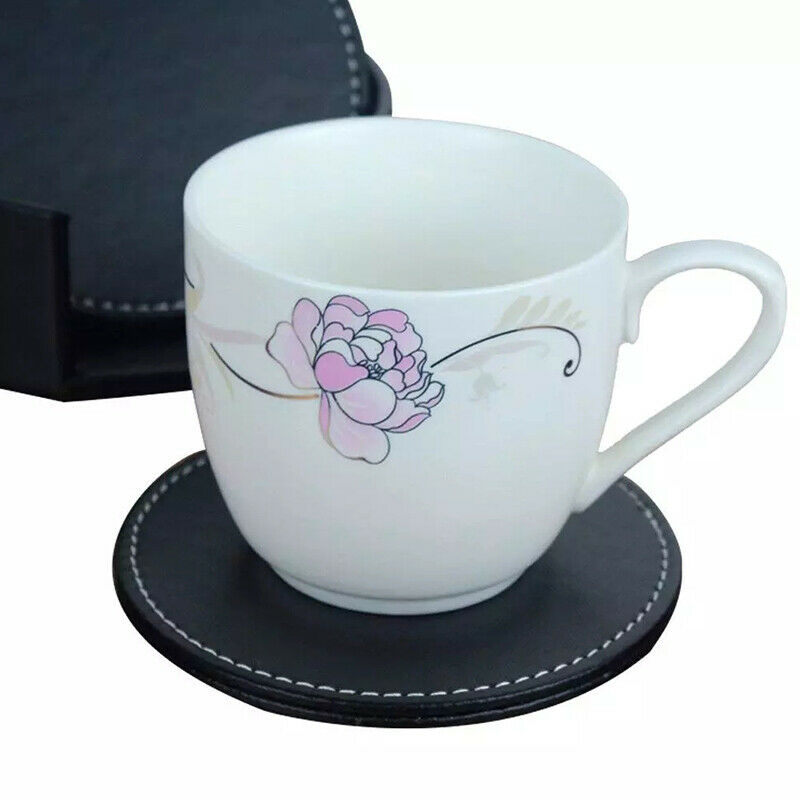Set of 6 Black Round Leather Coffee Mug Drink Coasters Table Cup Mat  FTDFAU