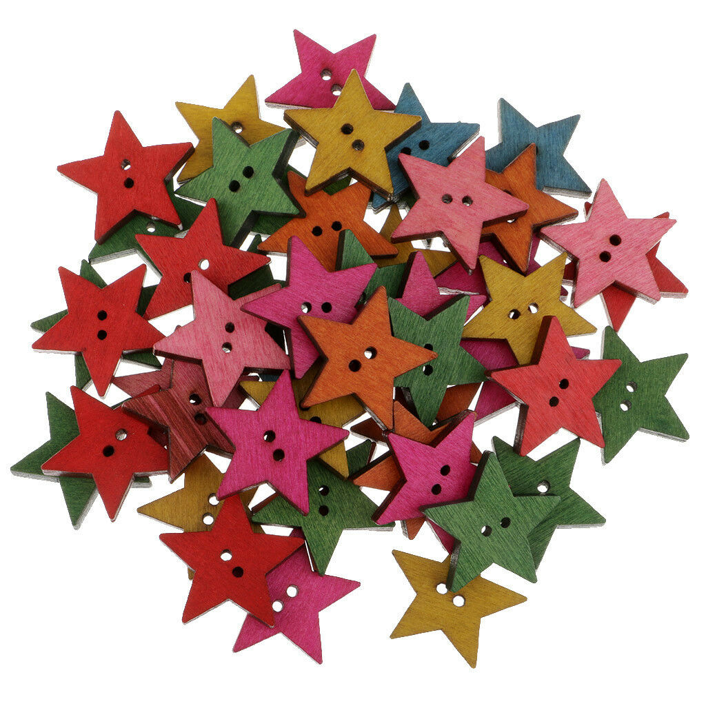 50pcs 2 Holes Mix Star Shape Wooden Craft Wood Sewing Buttons Decor Clothing