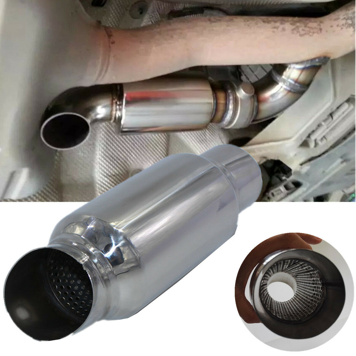 Stainless Steel 2.5" In  2.5" Out Car Chassis Muffler Exhaust Pipe Tip Resonator