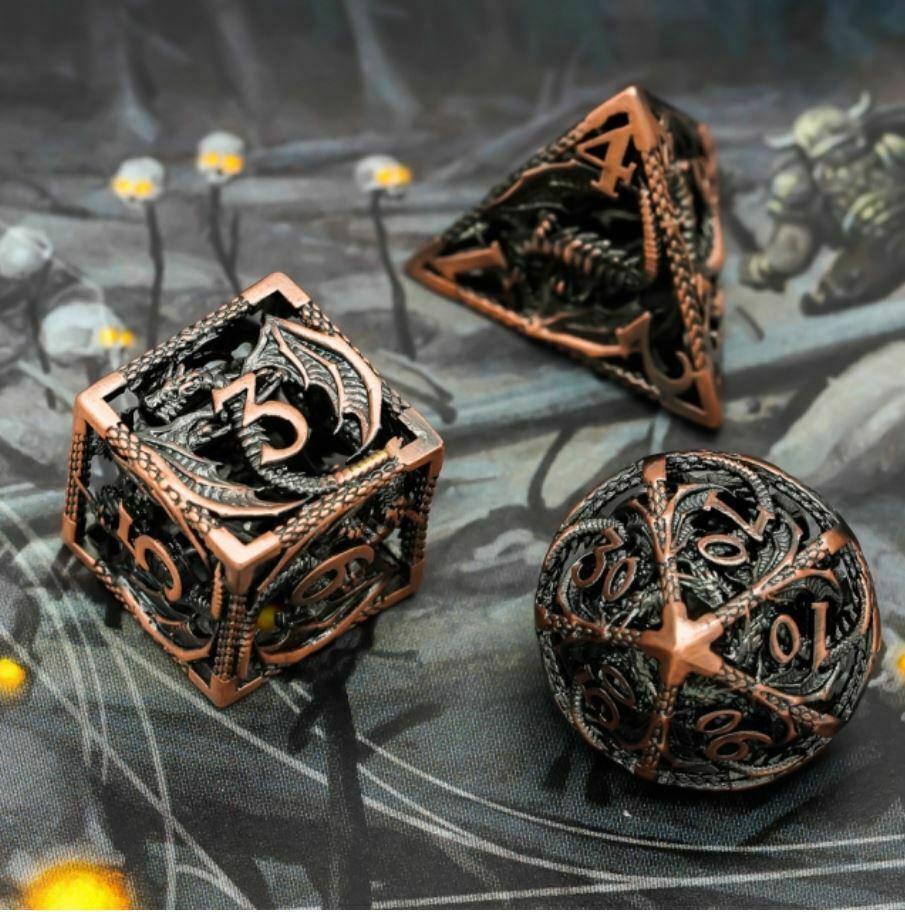 7Pcs Bronze Elder Wyrm Hollow Metal Dice Set Poly RPG Dungeons Dragons d20 AD&D