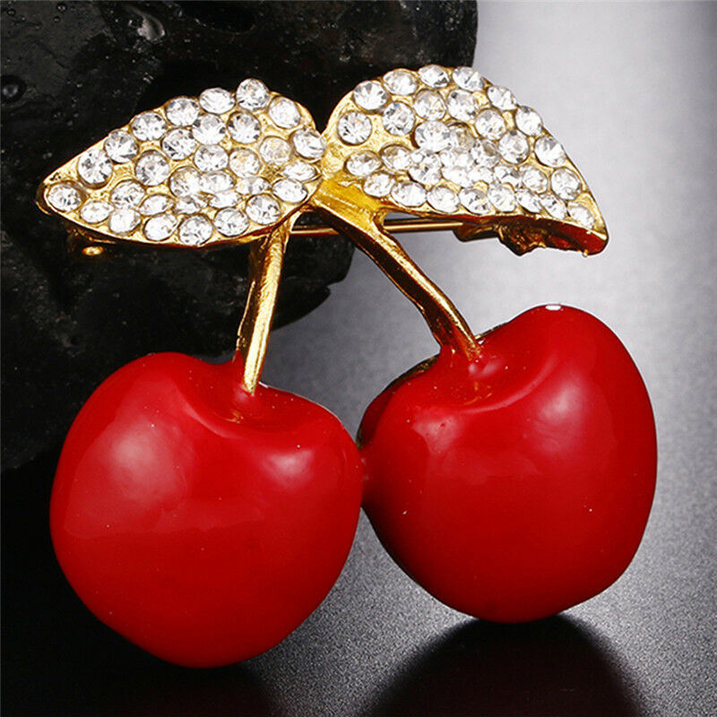 Enamel Rhinestone Crystal Red Cherry Brooch Pin Banquet Fruits Suits Pin loA Rf