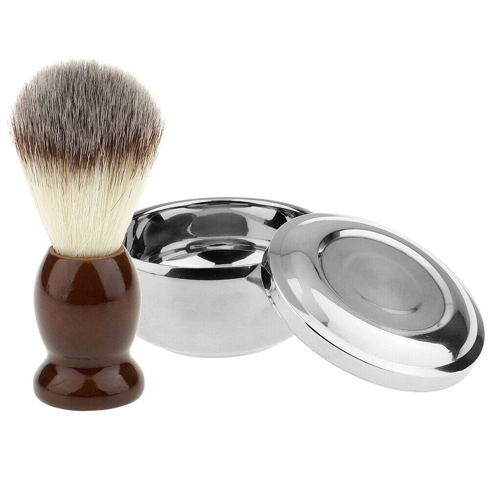 Bathroom Men Barber Wood Shaving Brush + Alloy Bowl Mug Cup W/ Lid Set Kit