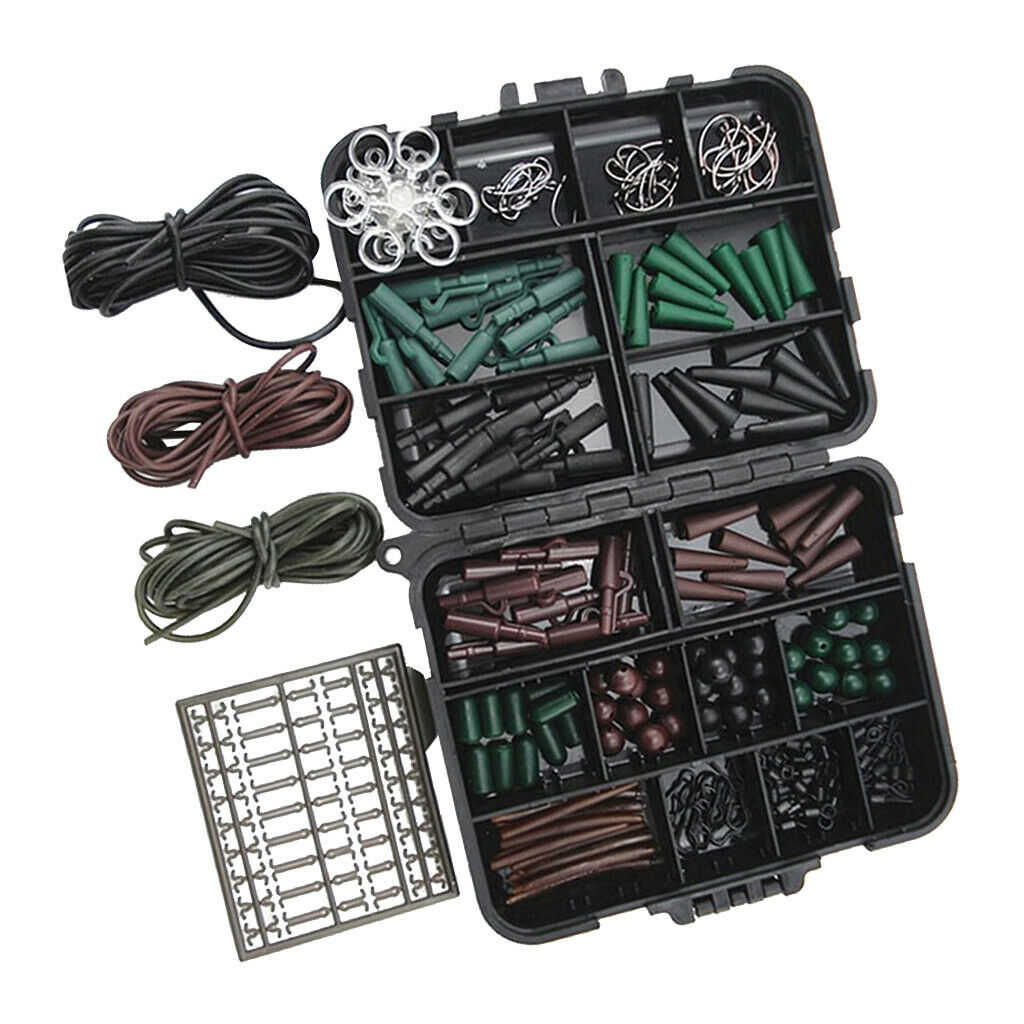Carp Fishing Hair Rigs Set Clips Hooks Rubber Tubes Swivels Beads Tackle Box