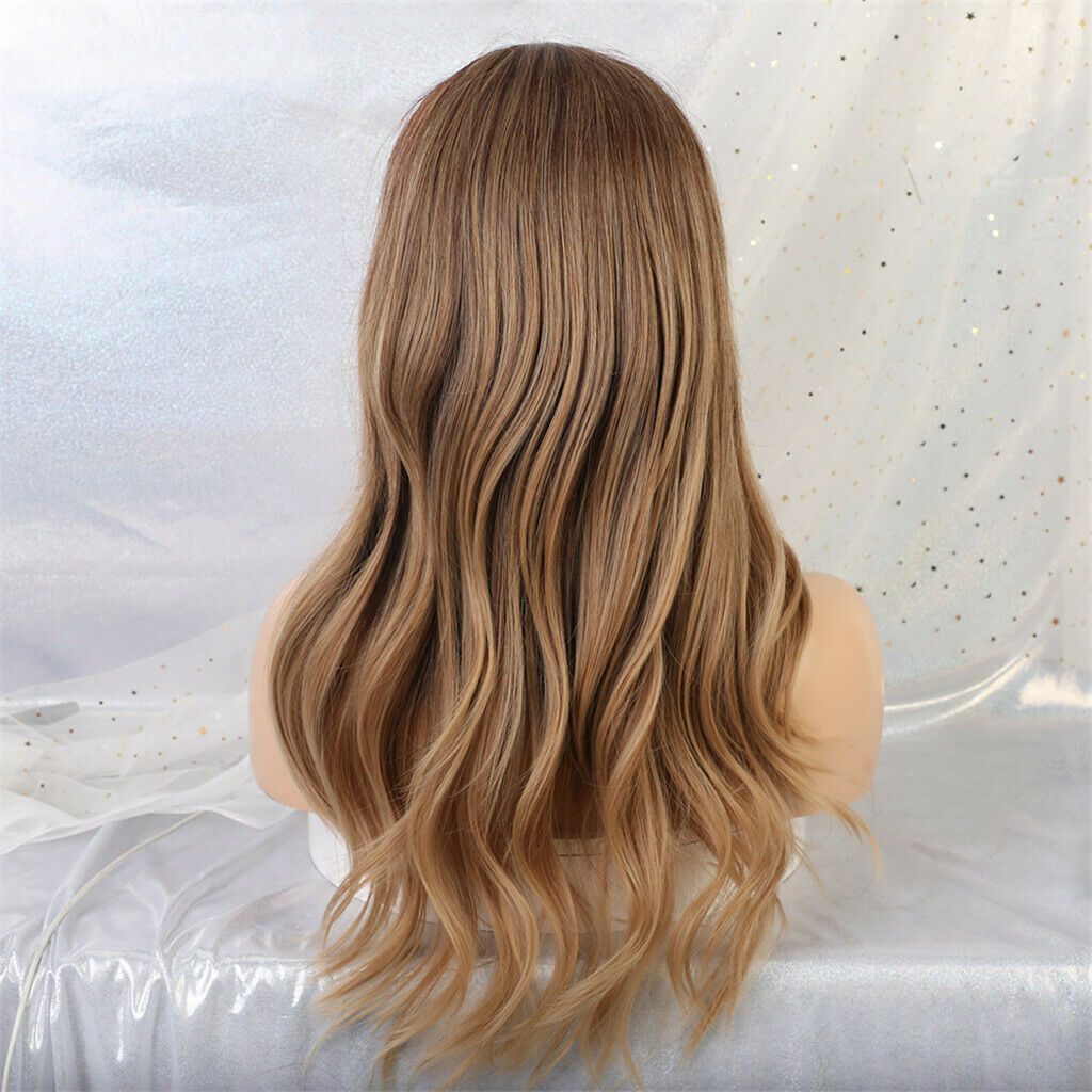 24 inch Women Ombre Brown Synthetic Long Wavy Straight Hair Wigs with Bangs