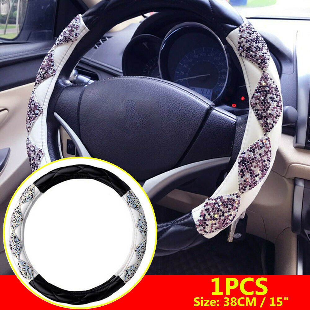 38cm/15" Car SUV Steering Wheel Cover Deluxe PU Leather Bling Diamond Breathable