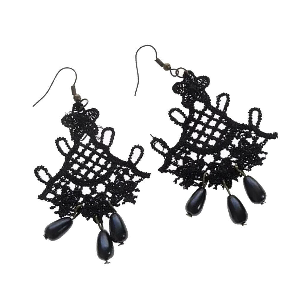 Fashion Black Lace Jewellery Dangle Earrings w/ Beads Elegant Lolita Decor