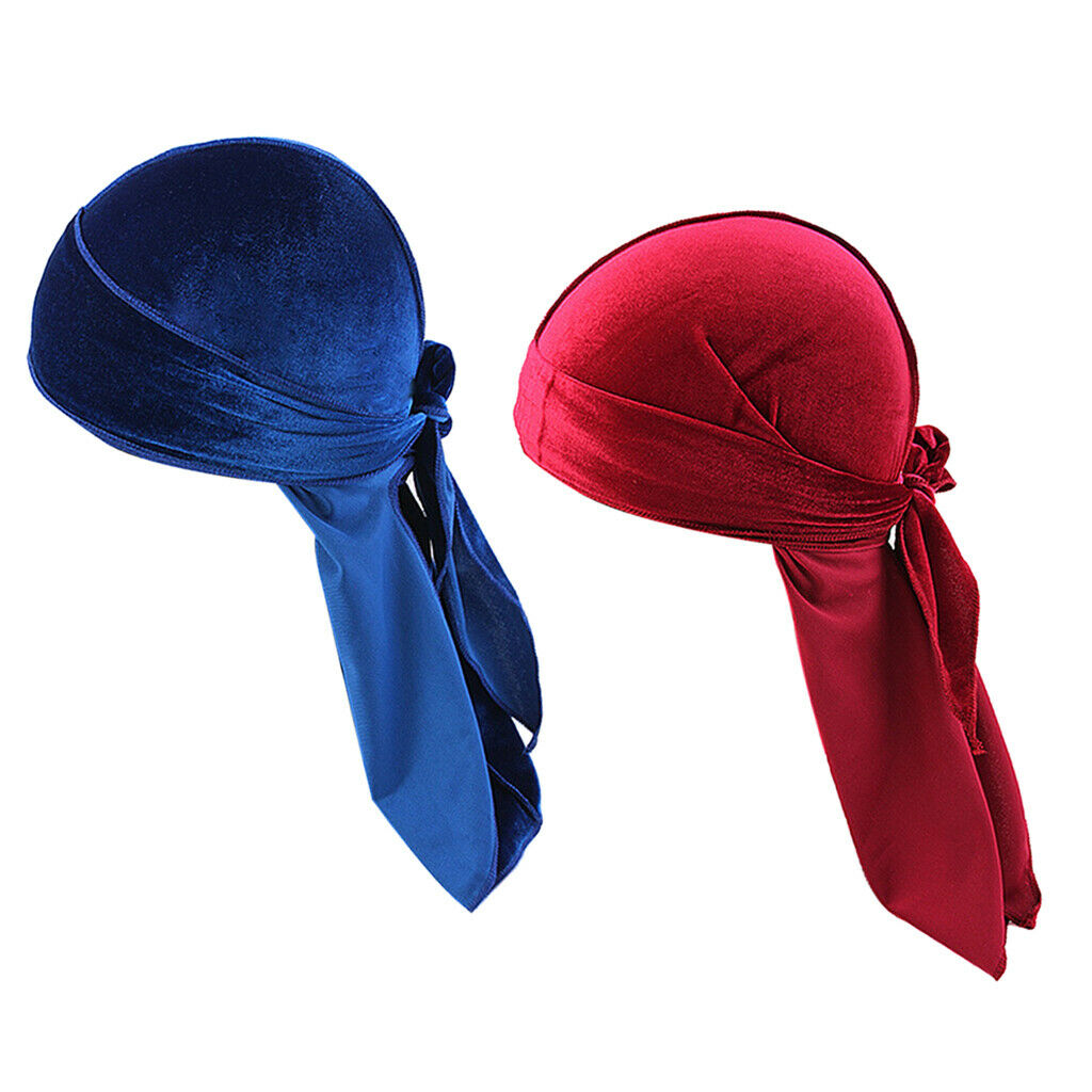 2x Velvet Bandana Hat Durag Long-Tail Headwrap Chemo Hat for Hair Loss