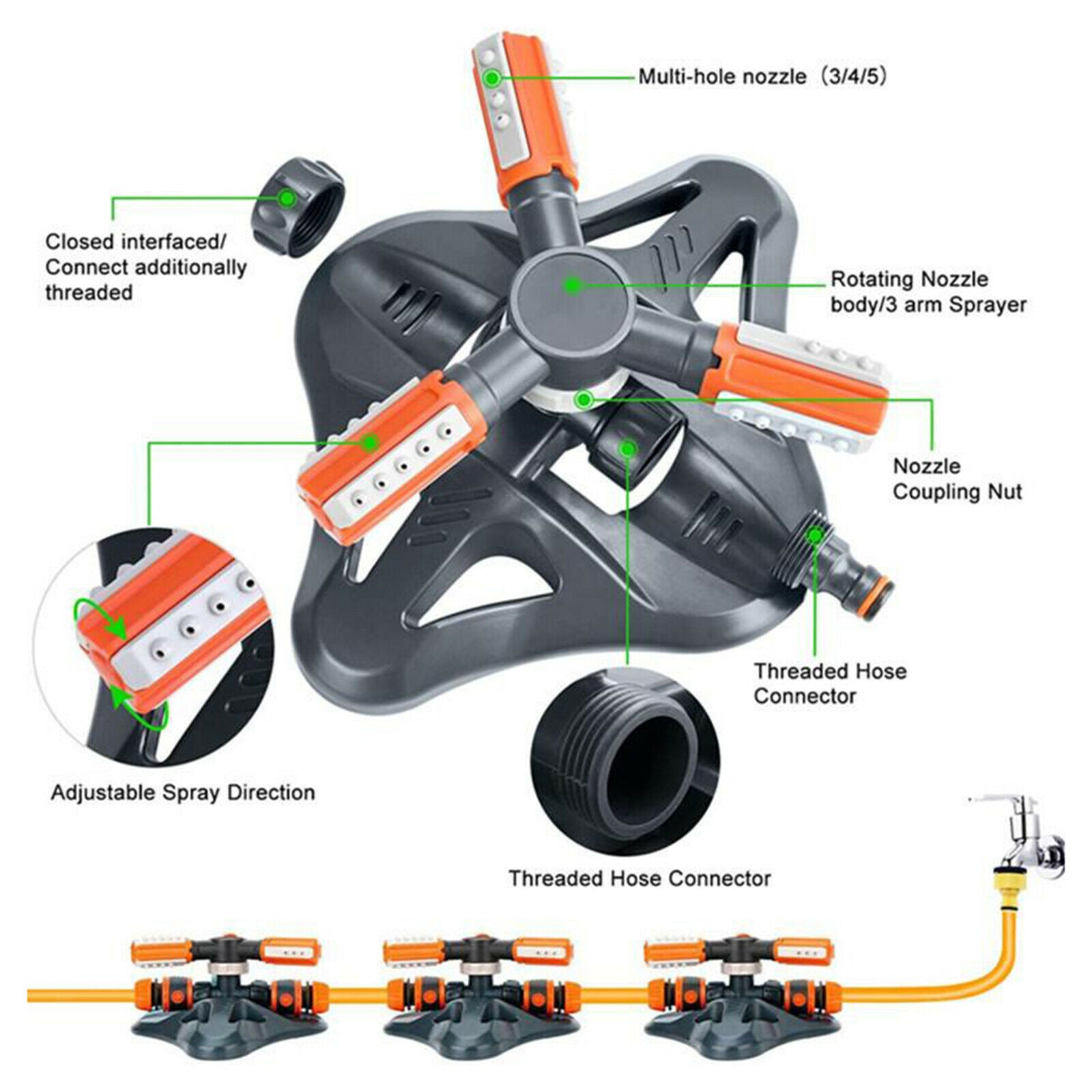 3 Arms Rotating Watering Sprinkler Water Sprinkler Automatic 36 Nozzles Yard