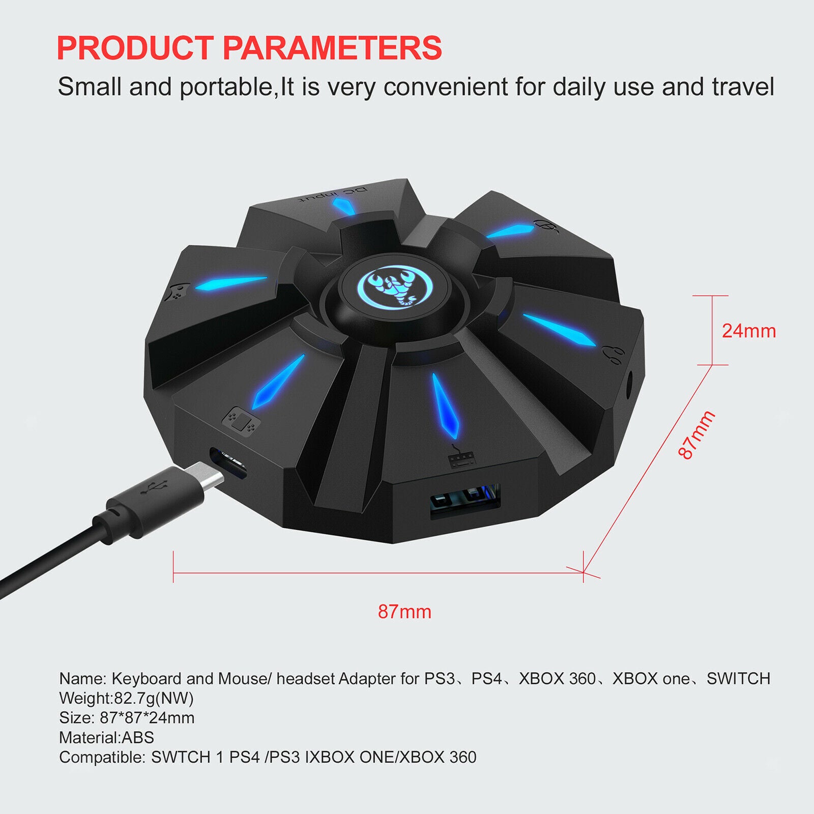 ABS Gaming Keyboard Mouse Adapter Support Headset Portable w/ LED Indicator