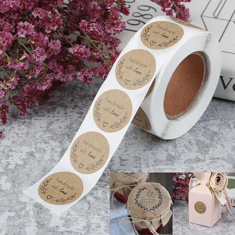 500pcs Handmade With Love Kraft Paper Stickers Round Adhesive Labels Baki.l8