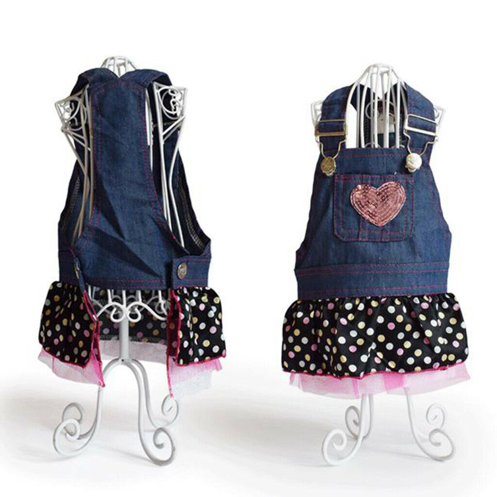 Cute Heart Pattern Pet Dog Cat Denim Chiffon Skirt Dress Clothes S