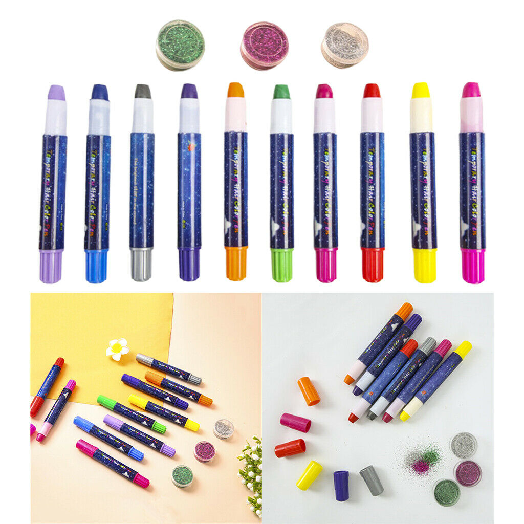 Hair Chalk Pens 10 Colors Makeup Toys Hair Color Painting Set & 3 Glitters
