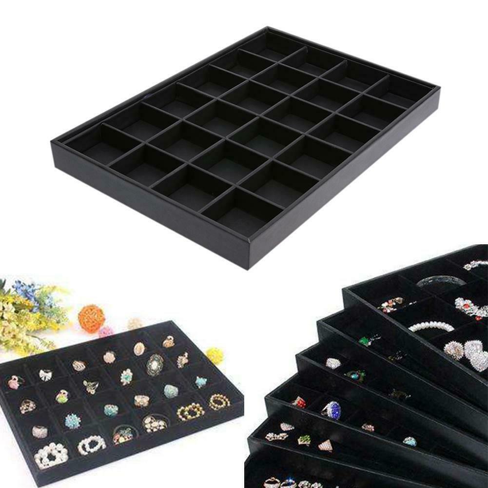 24 Grids Jewelry Organizer Display Case PU Velvet Tray Necklace Rings @