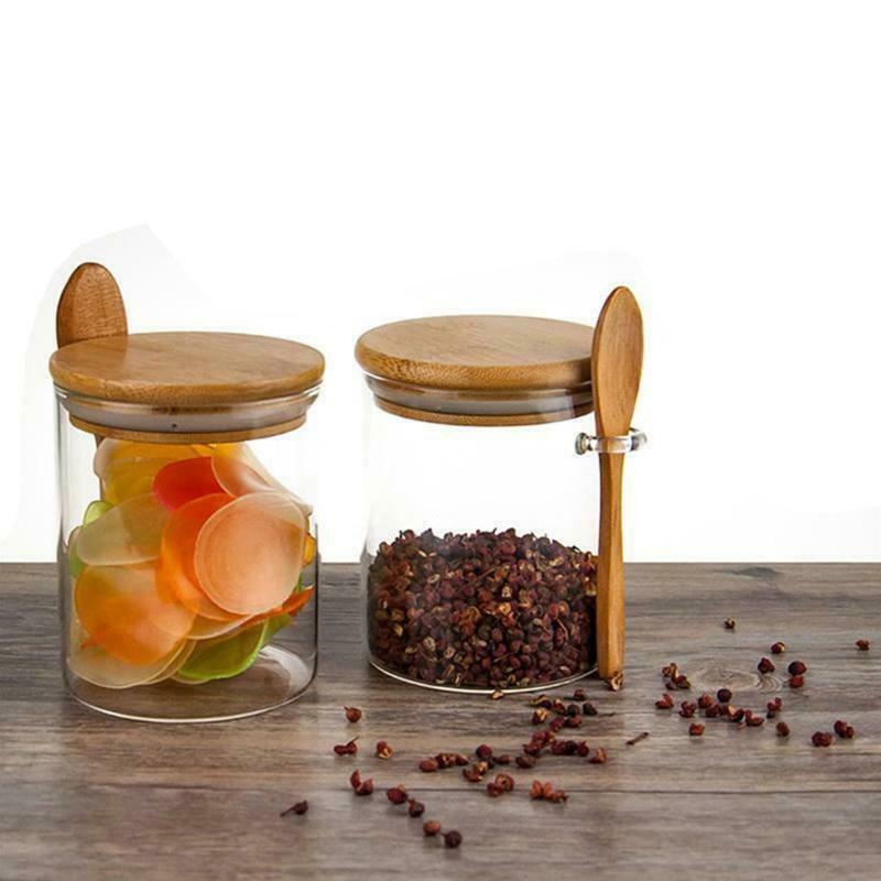 Sugar Bowl with Bamboo Lid and Spoon Clear Glass Canister Jar for Kitchen Storag