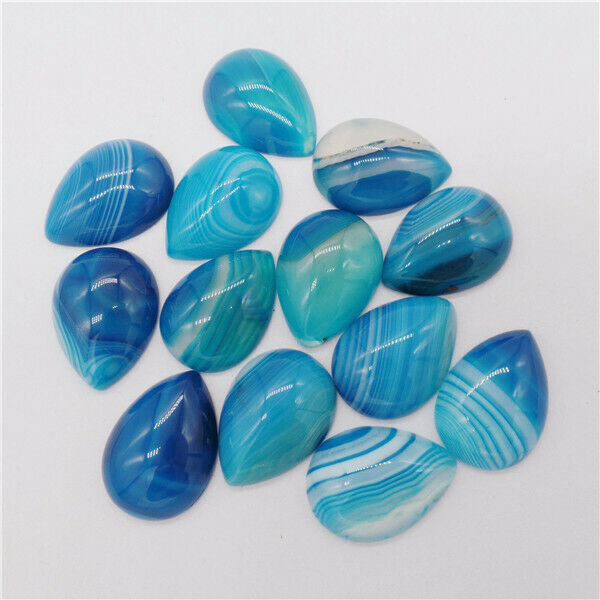 15Pcs 25x18x6mm Wholesale Blue Stripes Onyx Agate Teardrop Cab Cabochon HH9653