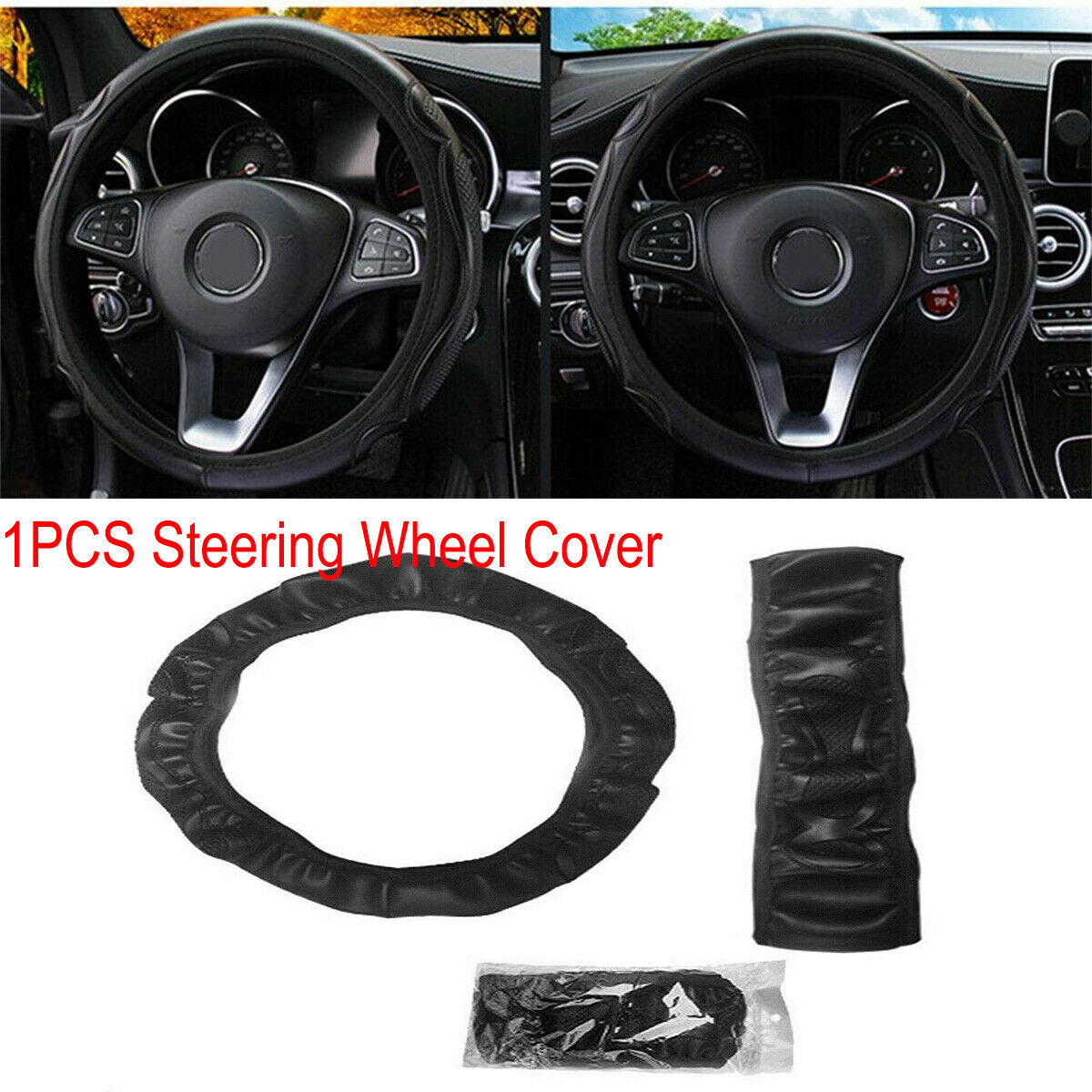 1PCS Black Leather Car Steering Wheel Cover Non-slip For 37-38CM Steering Wheel