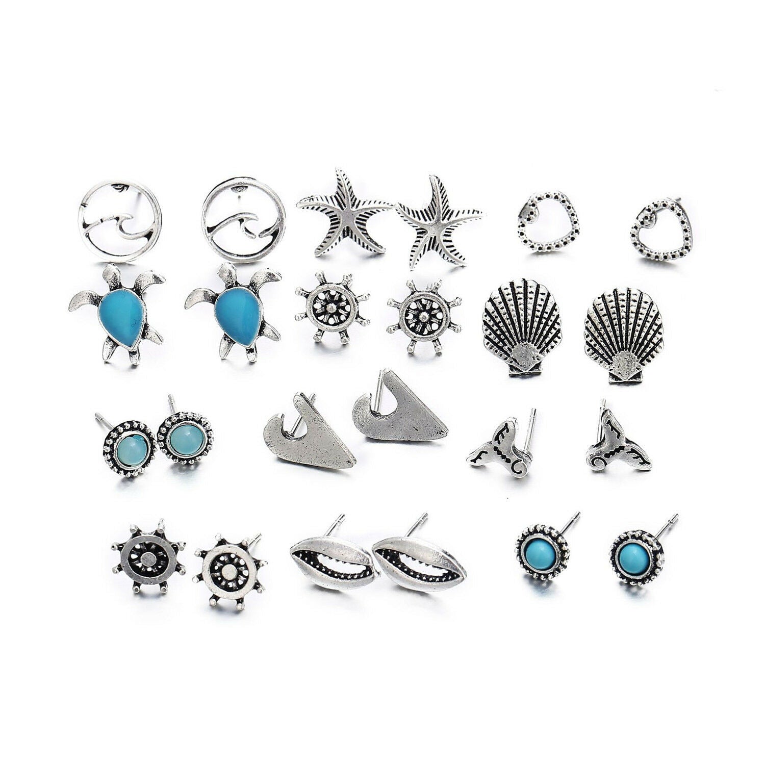12 Pairs Mix Cute Earrings Sea Turtle Mermaid Tail Rudder Ear Stud Earrings Set