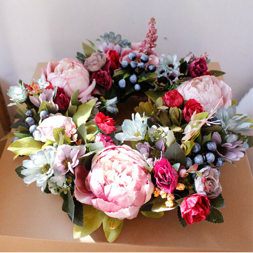 Artificial Peony Flower Summer Wreath Green Leaves Front Door Indoor Wall Decor