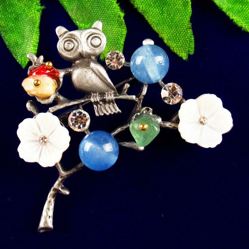 Blue Kyanite Beads Rhinestone Alloy Owl Tree Shell Flower Brooch BL-69