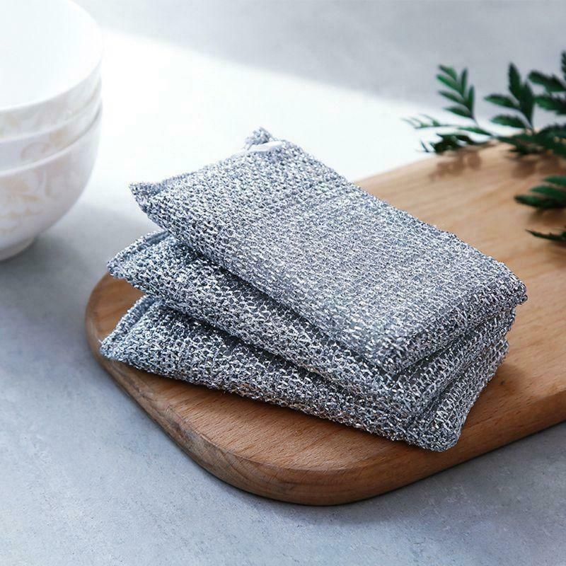 3Pcs/Set Kitchen Scrubbing Sponge Steel Wire Dish Brush Cleaner Scouring Pads