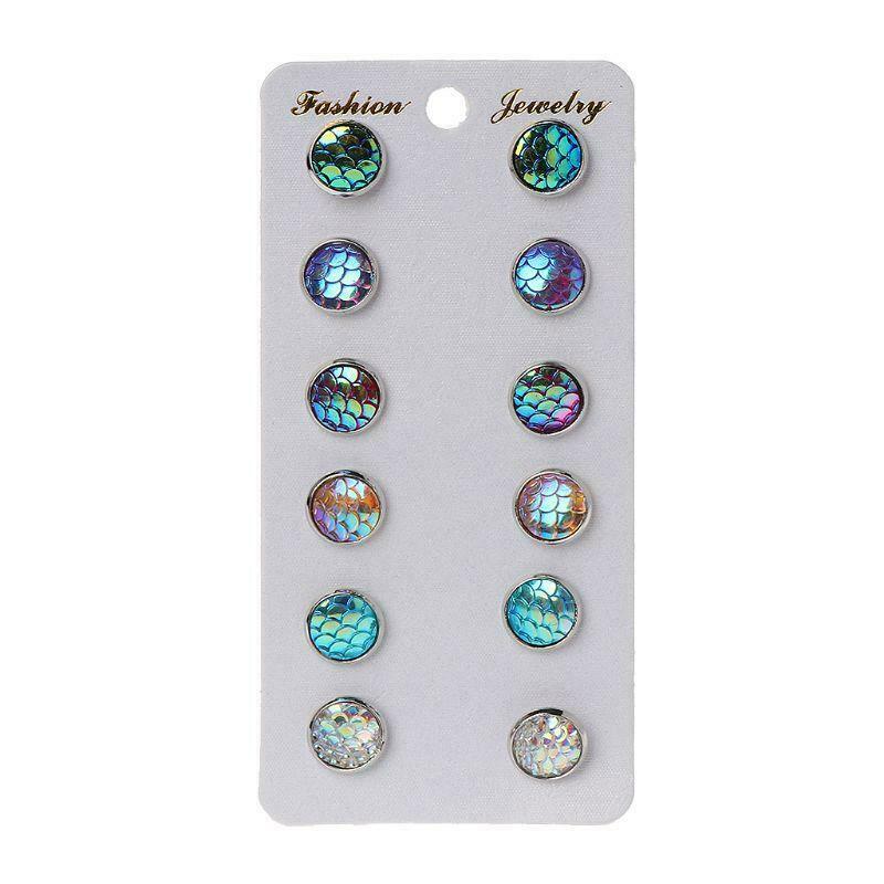 6 Pairs Beauty Fish Scale Round Crystal Assorted Stud Earrings Set Women Jewelry