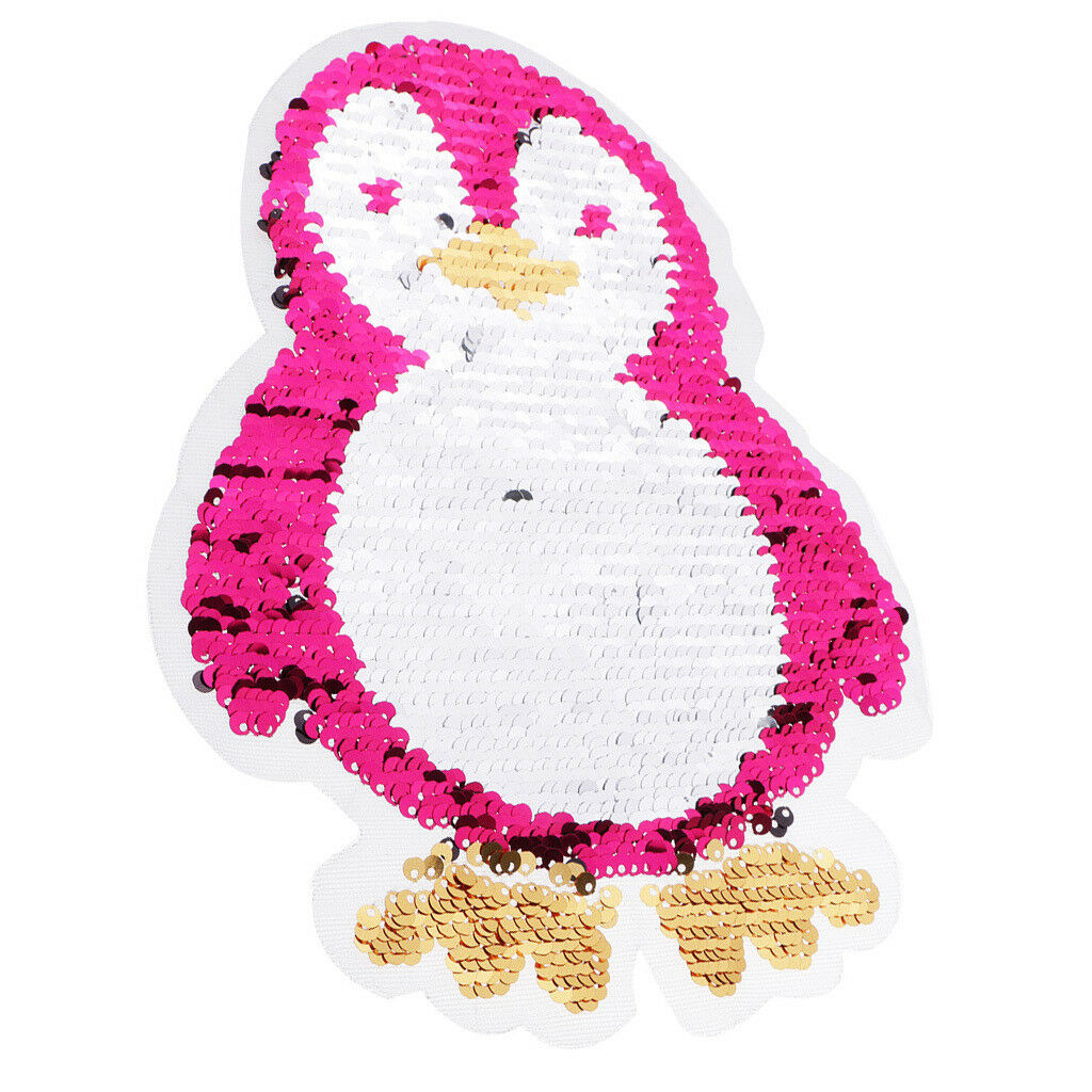 Lovely Cartoon Penguin Sequins Patch Applique Sew On Reversible Embroidered