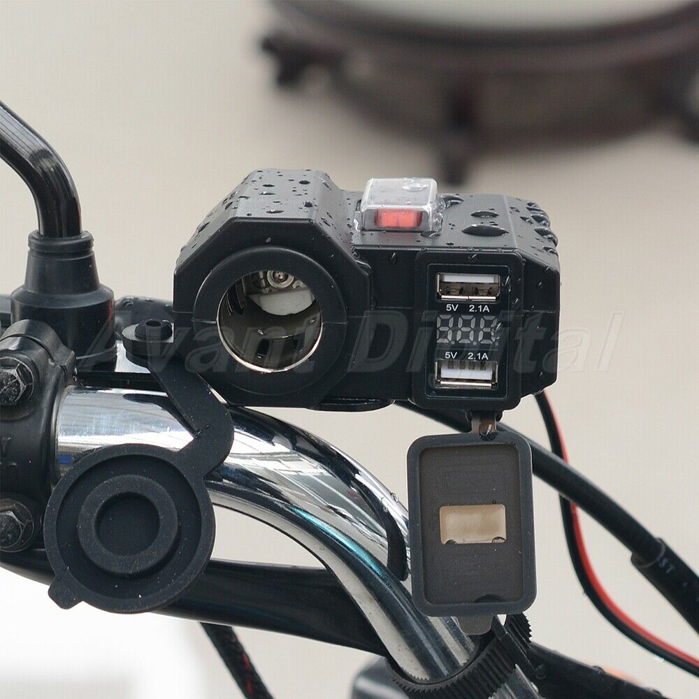 12V/24V Dual USB Charger Motorcycle Cigarette Lighter LED Voltmeter Waterproof