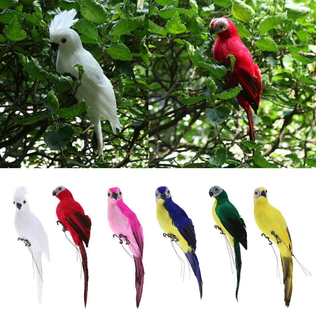 2x Realistic Parrot Artificial Feather Bird Animal Ornament Decor White & Red