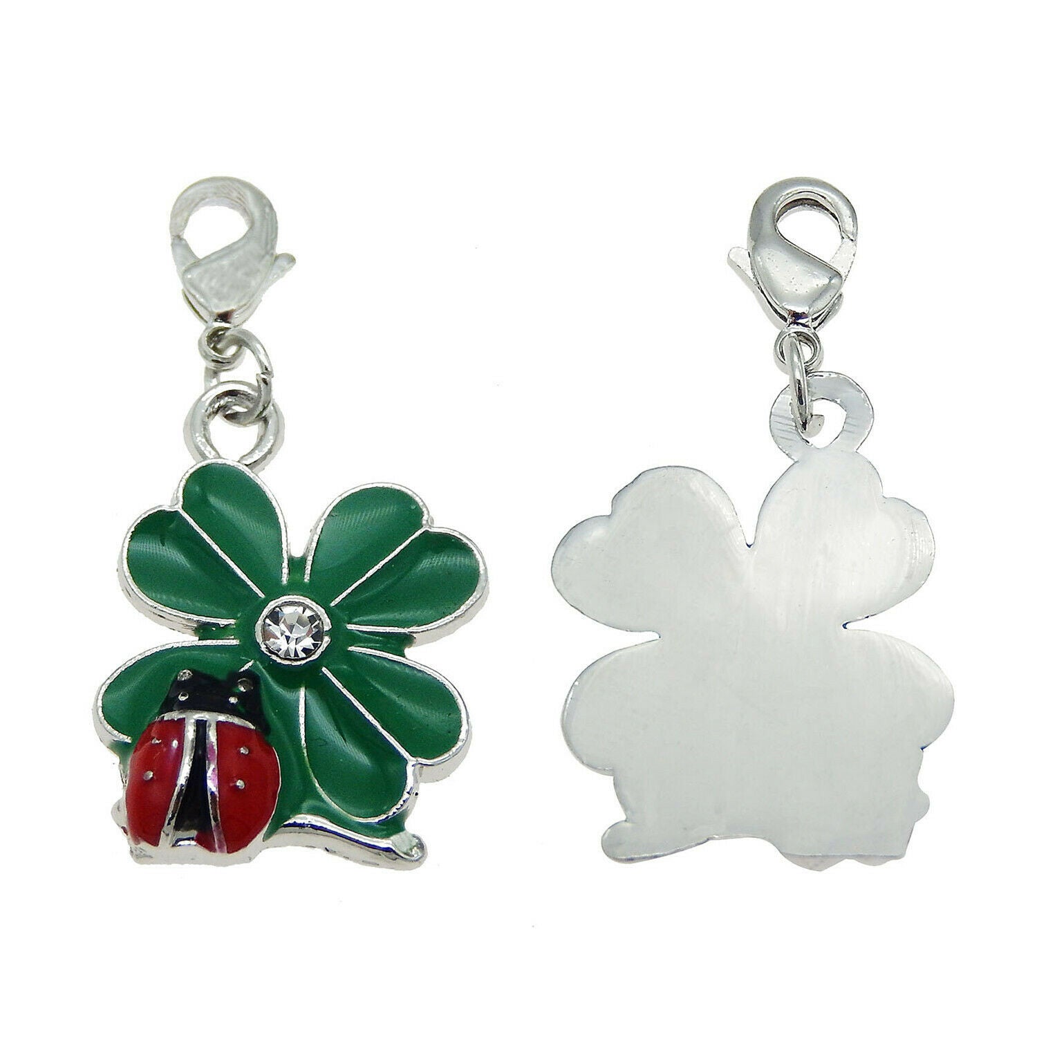 8-pack Green Enamel Clover Ladybug Charm Lobster Clasp Pendant Keychain Dangles