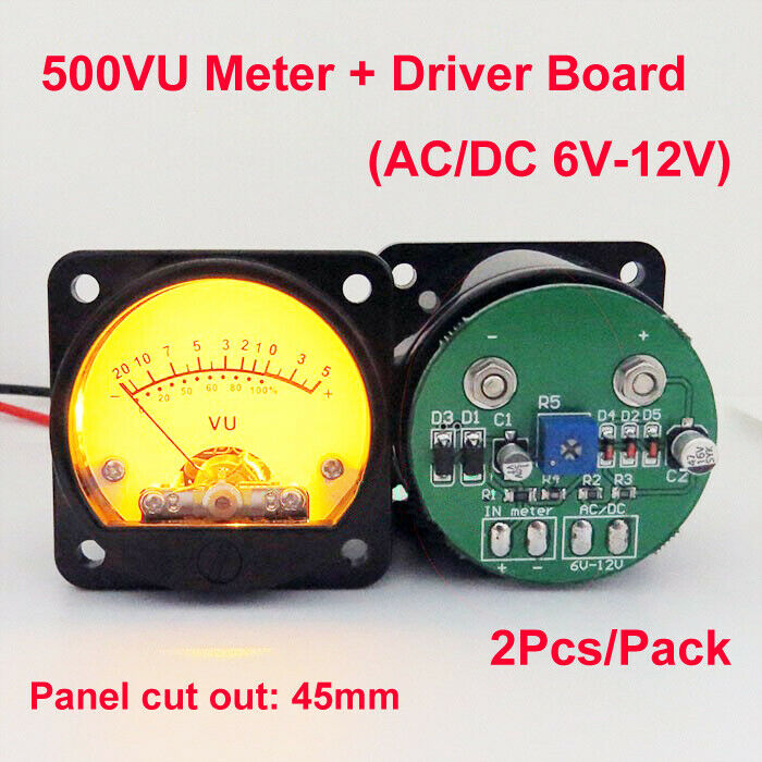 2Pcs Panel Meter 500VU Yellow Backlight + 2Pcs VU Meter Driver Board DC/AC 6-12