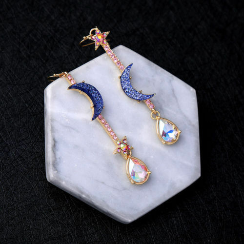 New Fashion Women Jewelry Blue CZ Moon&star Drop Dangle Earrings Long Jewelry