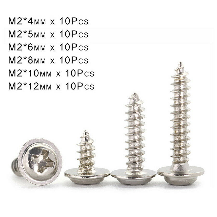 60Pcs M2* 4-12mm Phillips Pan Head Washers Self Tapping Screws Kits Ni-Plated