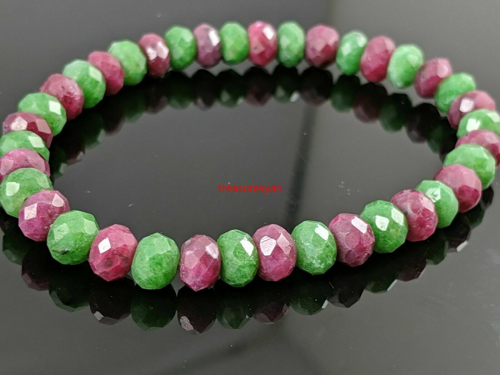 Natural Multicolor Ruby Zoisite Diamond Cut Stone Bead Stretch Bracelet