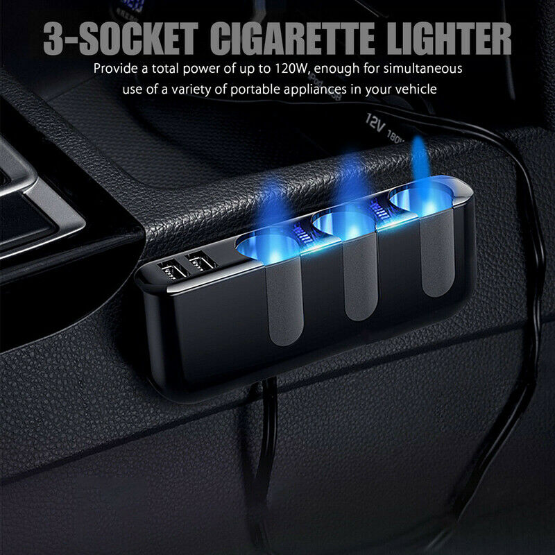 3Way 12/24V Charger Dual USB Car Cigarette Lighter Socket Power Adapter Splitter